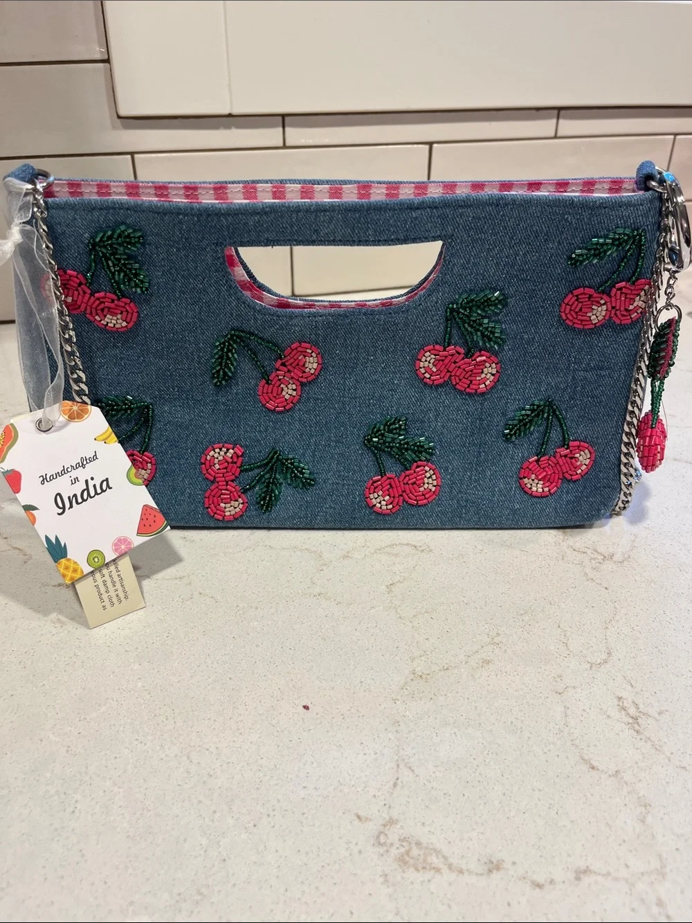 Denim Cherry Embroidered Clutch with Chain Strap - Blue & Pink